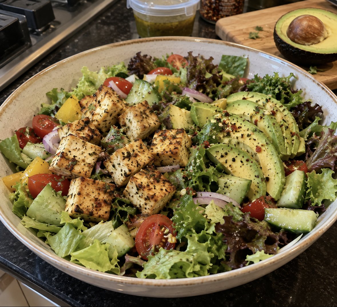 Avocado and tofu salad bowl